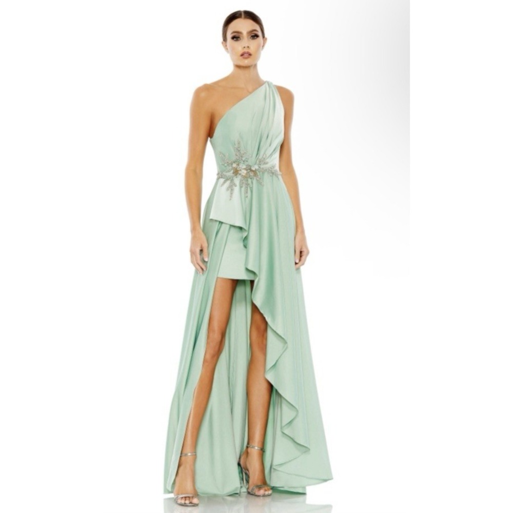 Mac Duggal Size 4 11262 Embellished One Shoulder Asymmetric Gown Sage Green